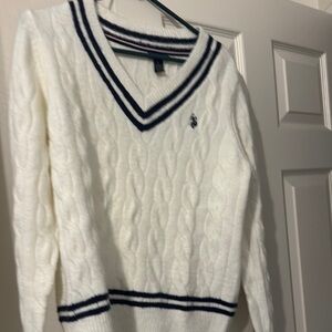 Polo Cable-Knit V-Neck Sweater in White with Navy Trim